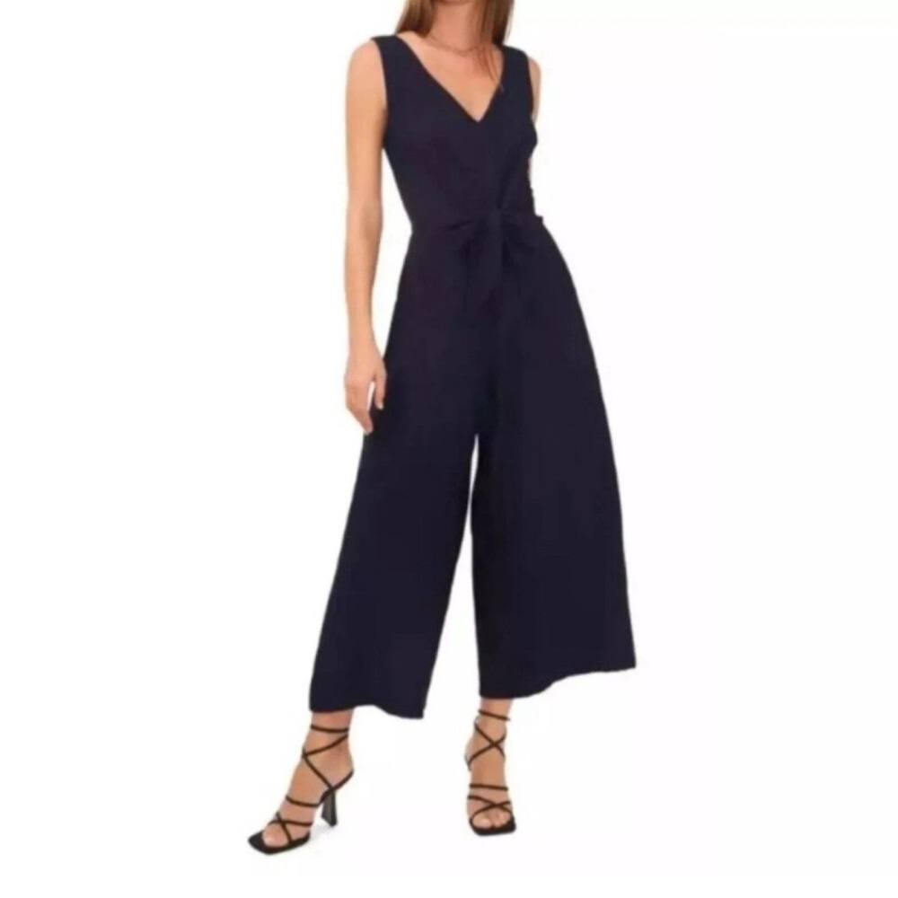 Vince Camuto Womens Island Oasis Tie Front Wide‎ Leg Jumpsuit Classic Navy L NWT